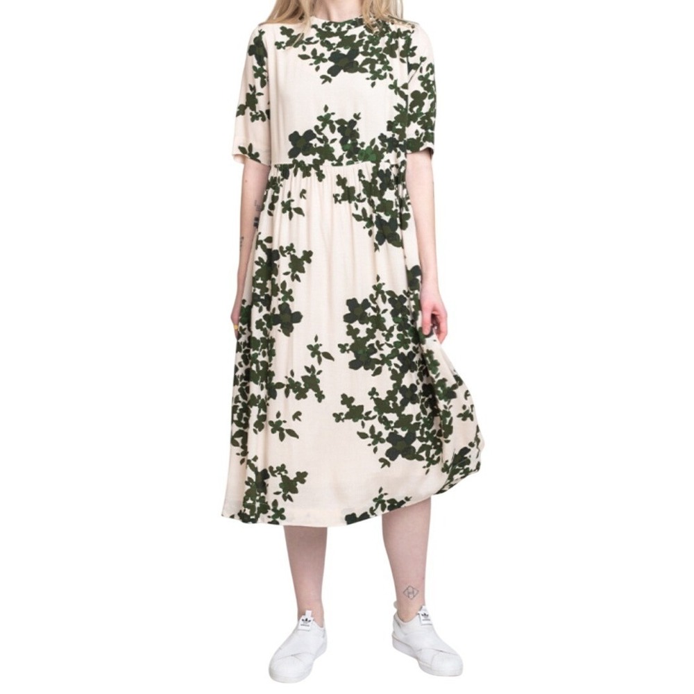 ICHI Green Floral Midi Dress Short Sleeve Babydoll Cream NWOT Size 36 / US 6